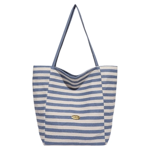 Borsa tote in tela spessa a righe bianche e blu con etichetta fatta a mano e spalline