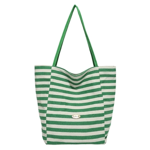 Sac fourre-tout en toile à rayures vertes et blanches avec badge et bandoulières