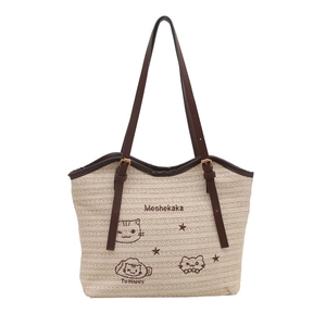 Sac fourre-tout en paille blanc crème avec anses en cuir marron et motif chat mignon