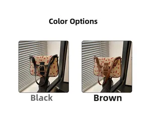 Detail comparison of cherry print crossbody bags in black and brown leather trim options