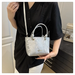 Détail du sac seau argenté à motif serpent avec texte fashion doré et texture métallique