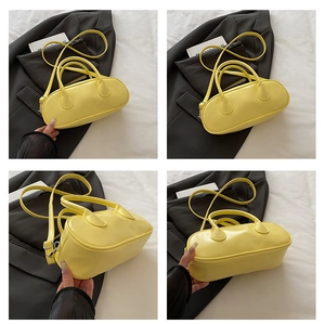Detailed four-way views of a yellow Boston bag showing the structure and handles