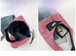 Structure interne du sac cabas à carreaux montrant poches, capacité et doublure denim