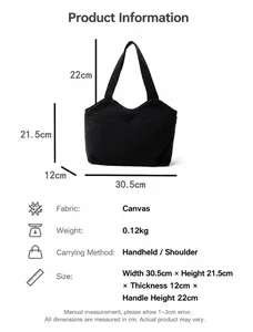 Detailed canvas tote bag size chart showing dimensions 30.5x21.5x12cm for shoulder bag