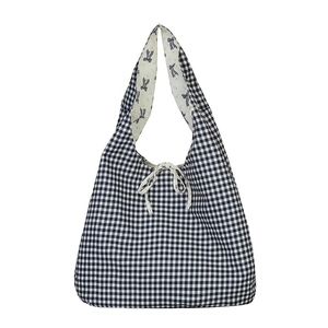 Large capacity floral canvas tote bag with black and white gingham pattern and bow closure