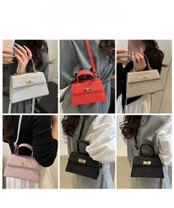 Collage of trapezoid handbags in five glossy colors shown with various fashion outfits