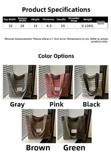 Tableau des tailles et dimensions du sac fourre-tout en toile rayée en cinq couleurs