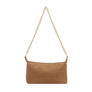 Brown woven texture shoulder bag with golden chain strap and minimalist design