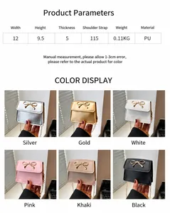 Mini bow shoulder bag in six colors featuring dimensions and PU leather material specs