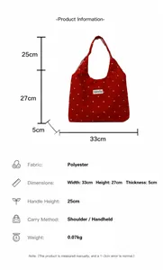 Especificaciones de tamaño detalladas para bolso tote rojo con flores y medidas de correa
