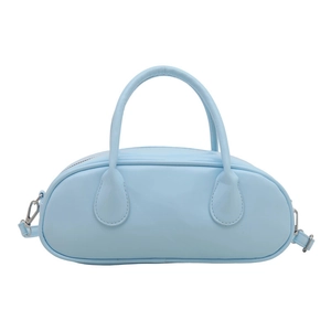 Minimalist light blue Boston handbag in smooth PU leather with adjustable crossbody strap
