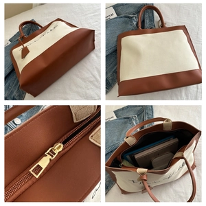 Vue détaillée du grand sac cabas en toile avec garniture en cuir et capacité interne