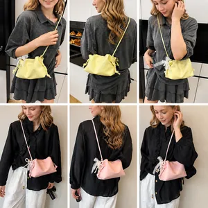 Detail shots of women's pleated crossbody bag with pearl strap and bow accessory