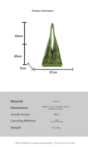 Spécifications de taille du sac fourre-tout tissé vert avec détails de perles