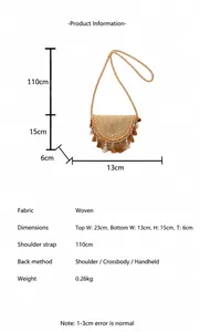 Detailed size specifications for the bohemian straw saddle bag with fringe and woven strap