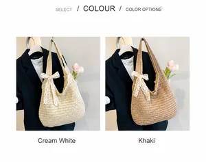 Comparison of cream white and khaki woven straw tote bags with delicate lace bow details