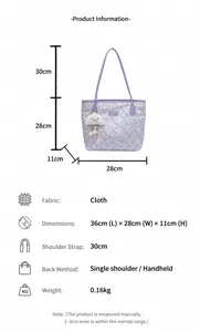 Detailed size specifications for a purple woven tote bag with a white fluffy cloud charm