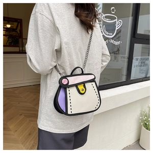 Modella che indossa una borsa a tracolla stile cartoon 2D con contorni neri e colori