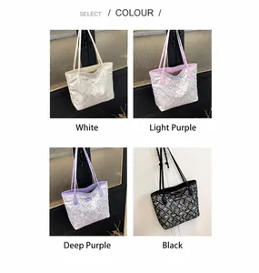 Grid view of four tote bags in white, light purple, deep purple, and black with geometric textures