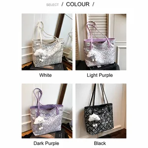 Modern tote bags in four colors with geometric patterns and soft cloud charms