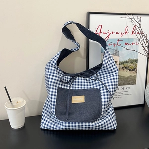 Grand Cabas Réversible Vichy Pour Femmes Patchwork en Denim Toile Sac à Épaule Décontracté École Trajet Sac à Main