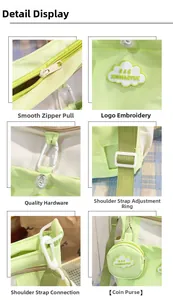 Detail view showing neon green backpack zippers, logo, and adjustable strap with coin purse