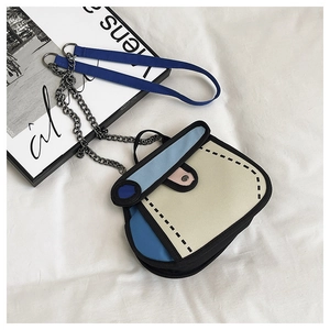 Vista piatta di una borsa a tracolla stile cartoon 2D con catena e cinturino in tela blu