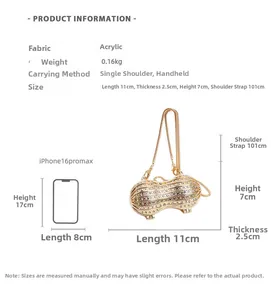 Peanut-shaped mini bag size comparison with smartphone and chain strap details