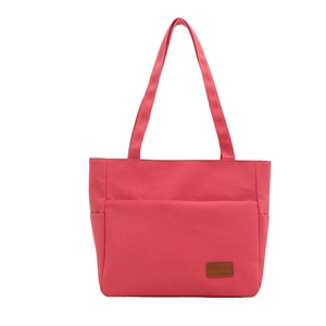 Bolso tote minimalista de lona rosa para mujer con asas dobles y detalle de logo de cuero