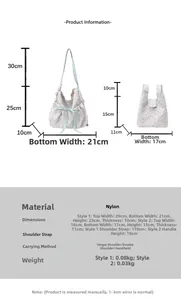 Size chart showing nylon floral bucket and tote bag dimensions with strap lengths