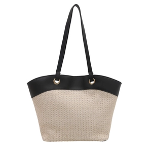 Grand sac à bandoulière en paille tressée avec bordure en cuir noir pour plage et vacances