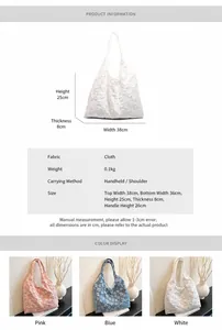Size chart for floral lace canvas tote bag showing dimensions 38x25x8 cm and strap drop