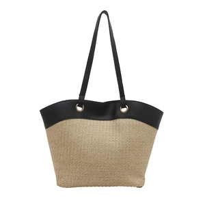 Large capacity woven tote bag with beige straw texture and black leather shoulder straps