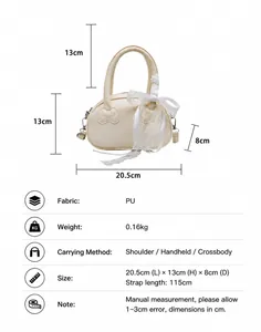 Detailed size specifications for cream white PU handbag with lace bow decoration