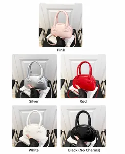 Collage of fashion crossbody bags with bow embossing in pink, silver, red, white, and black