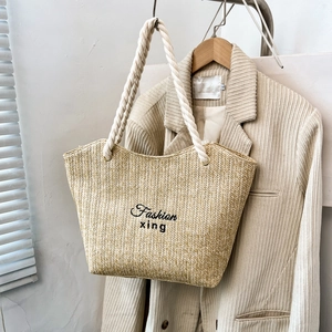 Women Fashion Straw Large Capacity Tote Bag With Cotton Rope Handle Embroidery Letter Casual Summer Beach Shoulder Bag