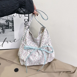 Korean Style Floral Bucket Bag For Women Fresh Pastoral Bow Lace Nylon Handbag Large Capacity Daily Shoulder Bag