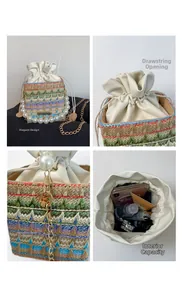 Détails du sac seau tissé coloré avec poignée en perles, bandoulière chaîne et vue intérieure