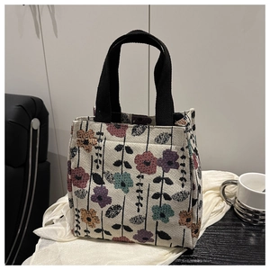 Detail of floral jacquard fabric texture on tote bag with colorful flower patterns