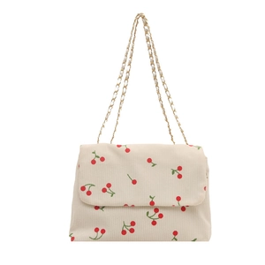 Sac bandoulière en velours côtelé beige à imprimé cerise et chaîne dorée pour femme