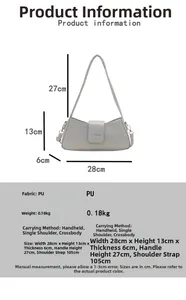Detailed technical diagram showing dimensions and specs of the light blue baguette bag