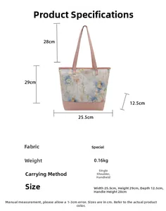 Detailed size chart for the retro tote bag showing dimensions and floral lace design