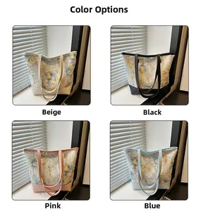 Detail view of four color options of butterfly floral jacquard tote bags in beige and blue