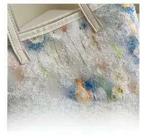 Detailed close-up of vintage tote bag with floral jacquard texture and leather trim