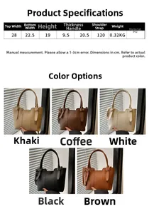 Tableau de dimensions et variantes de couleurs pour le sac seau minimaliste en similicuir