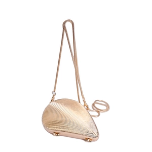 Luxurious gold shell-shaped acrylic evening clutch bag with radial textured pattern and chain