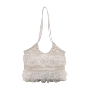 Summer white lace ruffled tote bag with large capacity for vacation and beach wear