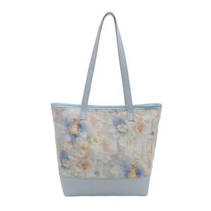 Floral print tote bag with white lace overlay and light blue leather handles for women