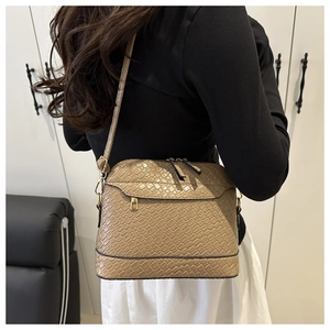 Close-up of brown crocodile embossed texture and golden hardware on the shell crossbody bag