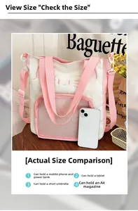 Katzen-Stofftasche in Pink mit Klarsichtfach zeigt Kapazität für Tablet und A4-Hefte
